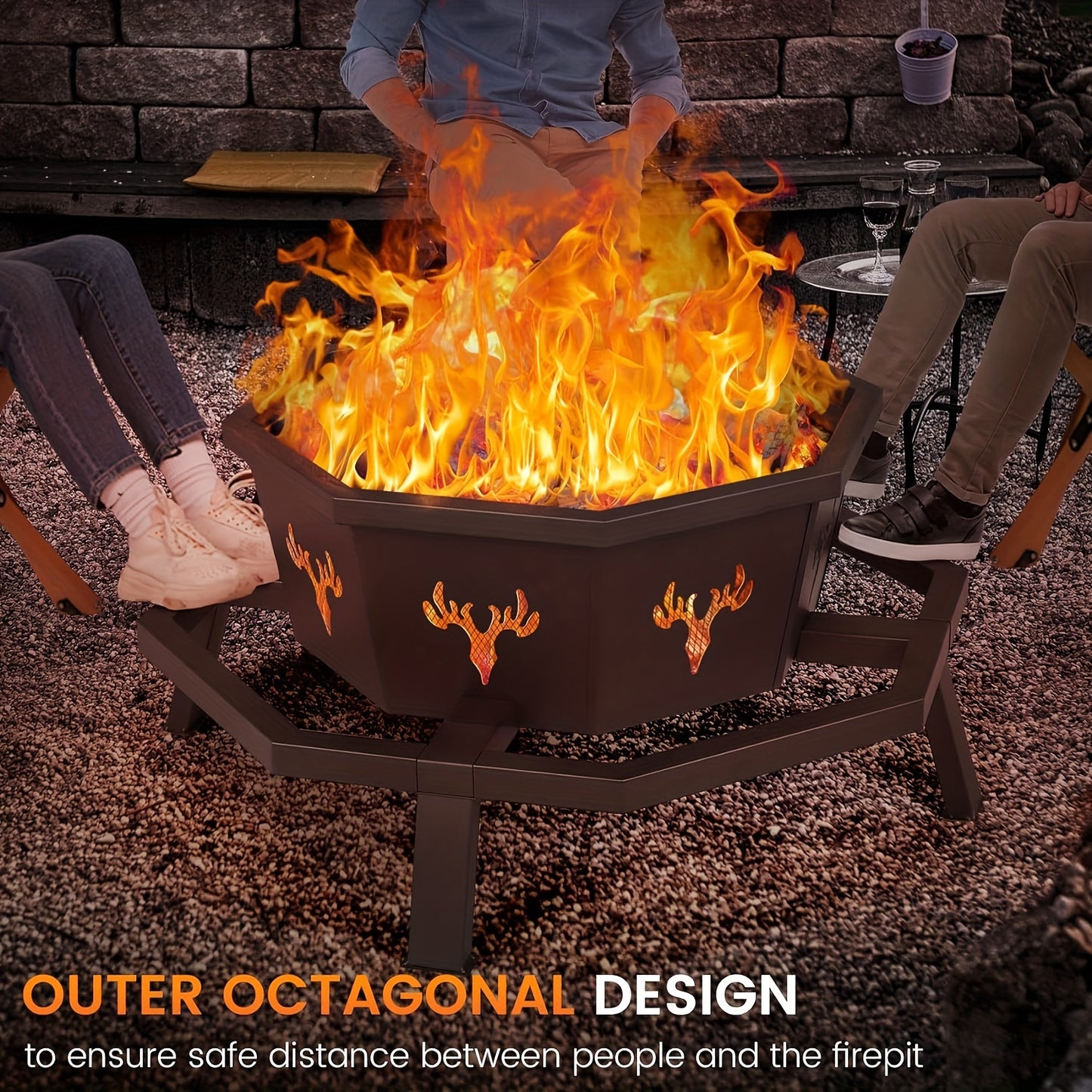 [Octagonal Wood Burning Fire Pit] 35 Inch Octagonal Wood Burning Fire Pit - Outdoor Bonfire Firepit for Camping, Backyard, Patio