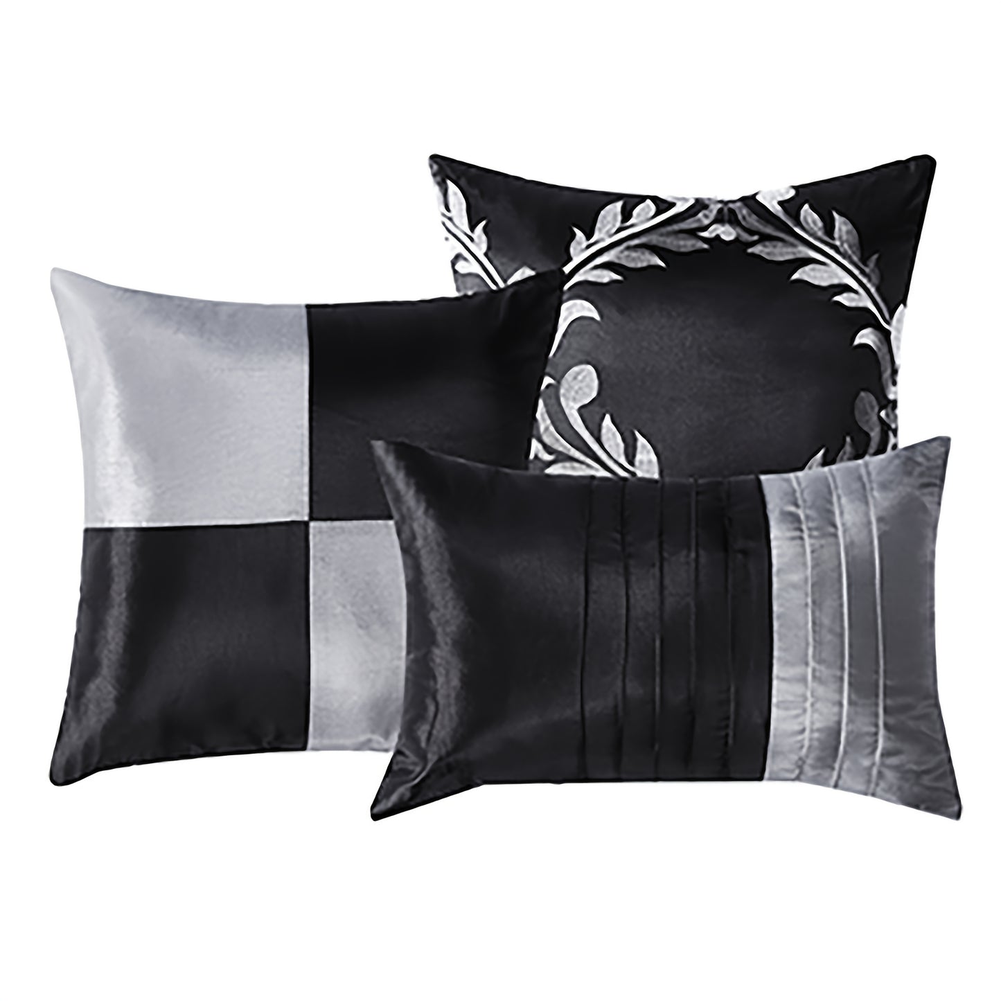 7 Piece Classic Embroidery Comforter Set King/Queen- Black And Silver Faux Silk Fabric Embroideried-1 Comforter, 2 Shams, 3 Decorative Pillows, 1 Bedskirt