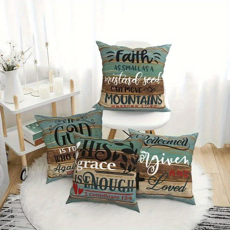 4pcs Inspirational Bible Pillowcases, 18x18 Inches, Short Plush Polyester, Hypoallergenic, Machine Washable, Zippered, Modern Style, Single-Sided Print for Sofa, Living Room, Bedroom Decor - White Set of 2