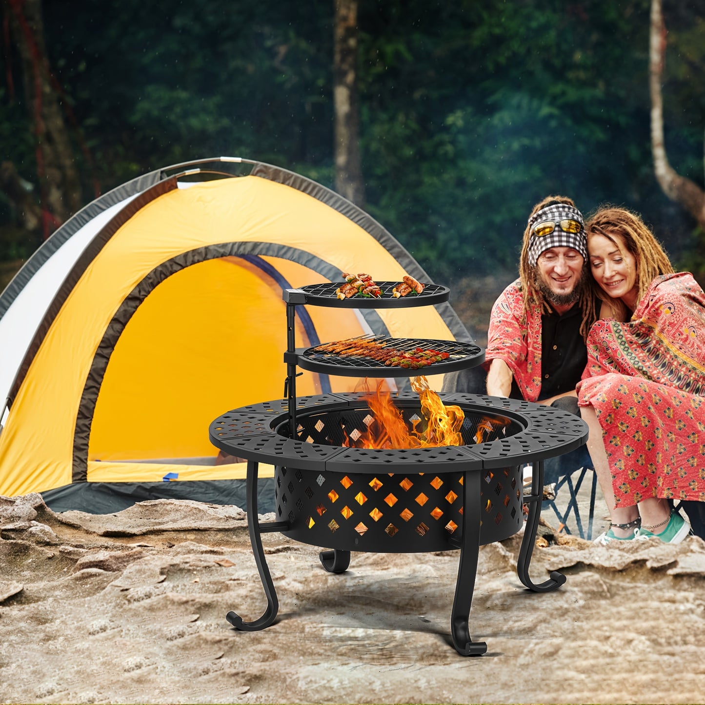 1pc, Fire Pit, 36''Fire Pit, 3-in-1 Fire Pit With Two Grills, Metal Lid, Poker, Outdoor Wood Burning Fire Pit & BBQ With Round Metal Table For Patio, Picnic, And Party