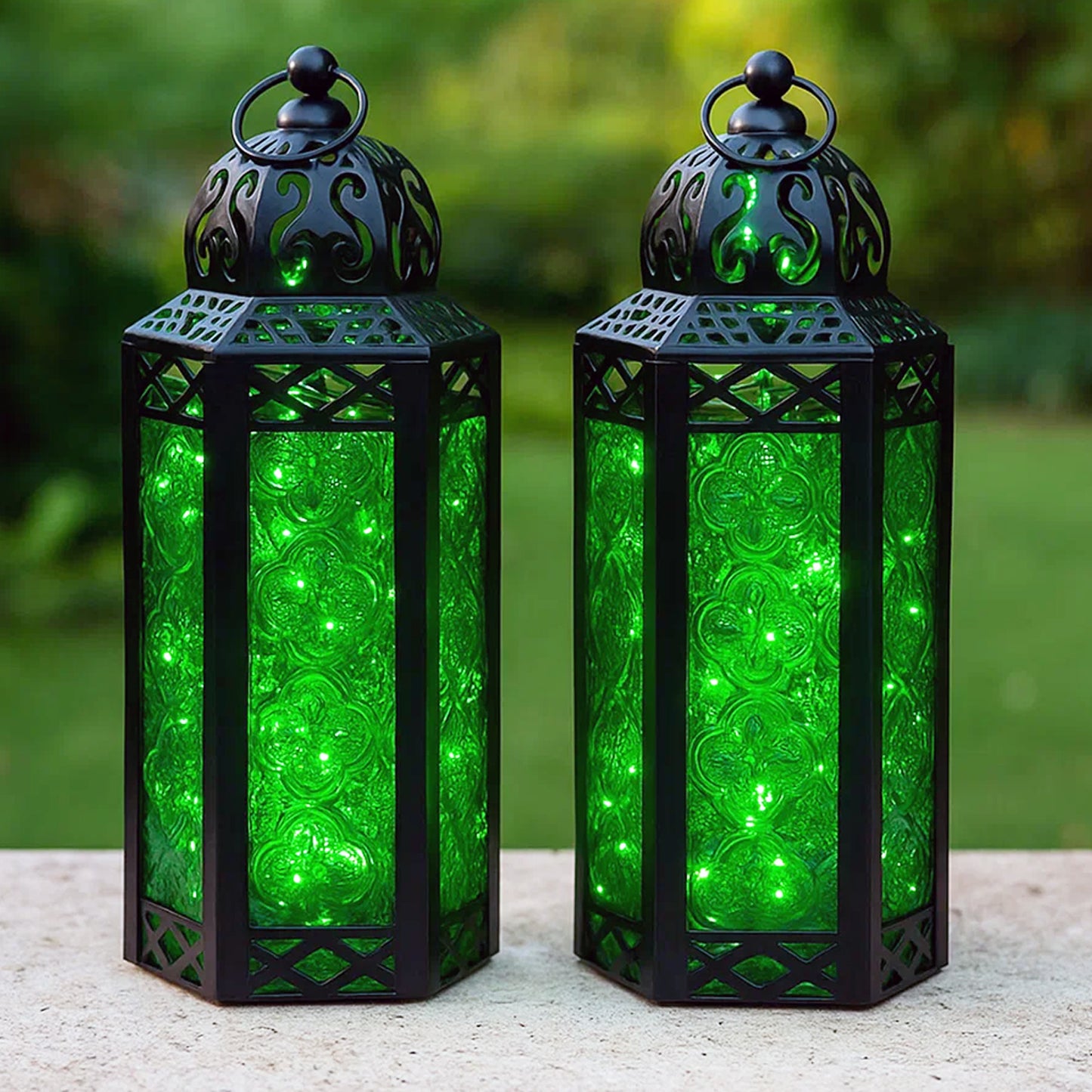 Stunning Ambient Lighting Safe and Stylish Glass Metal Moroccan Candle Lantern Holder Lamp with Battery-Operated LED Lights plus Remote Control – Handcrafted Lantern with Intricate Design and Embossed Glass, Indoor Home Dec