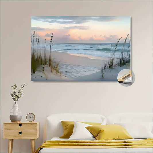1pc Wooden Framed Canvas Beach Seascape Wall Art - Serene Ocean View with Dunes & Coastal Grass, Waterproof Canvas Print, Wrap-Around Frame for Home & Office Decor, Wedding, Anniversary, Graduation Class of 25 Decorations, We