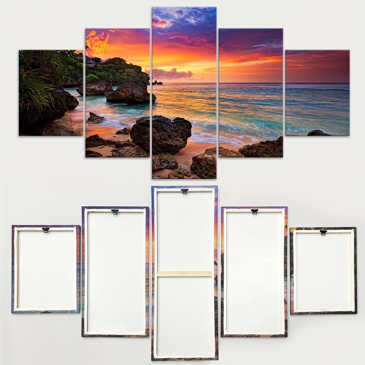 5pcs Frame Nature Seaside Lakes Canvas Poster, Sunrise Sunset Sea View Five Panel Scene Art, Modular Picture, Print Painting, Modern Art, Ideal Decor for Bedroom Living Room Kitchen Dorm, Wall Decoration, Gift for Family Frie