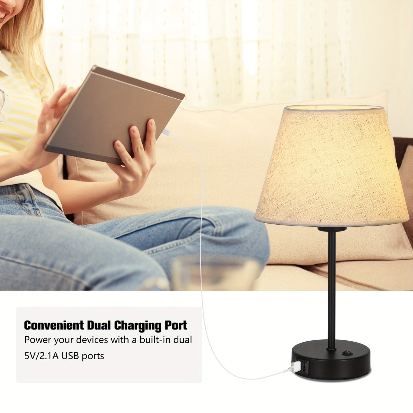 Table Lamps Set Of 2 with Dual USB Charging Ports, Modern Bedside Lamps Perfect for Bedroom, Living Room, Study Room