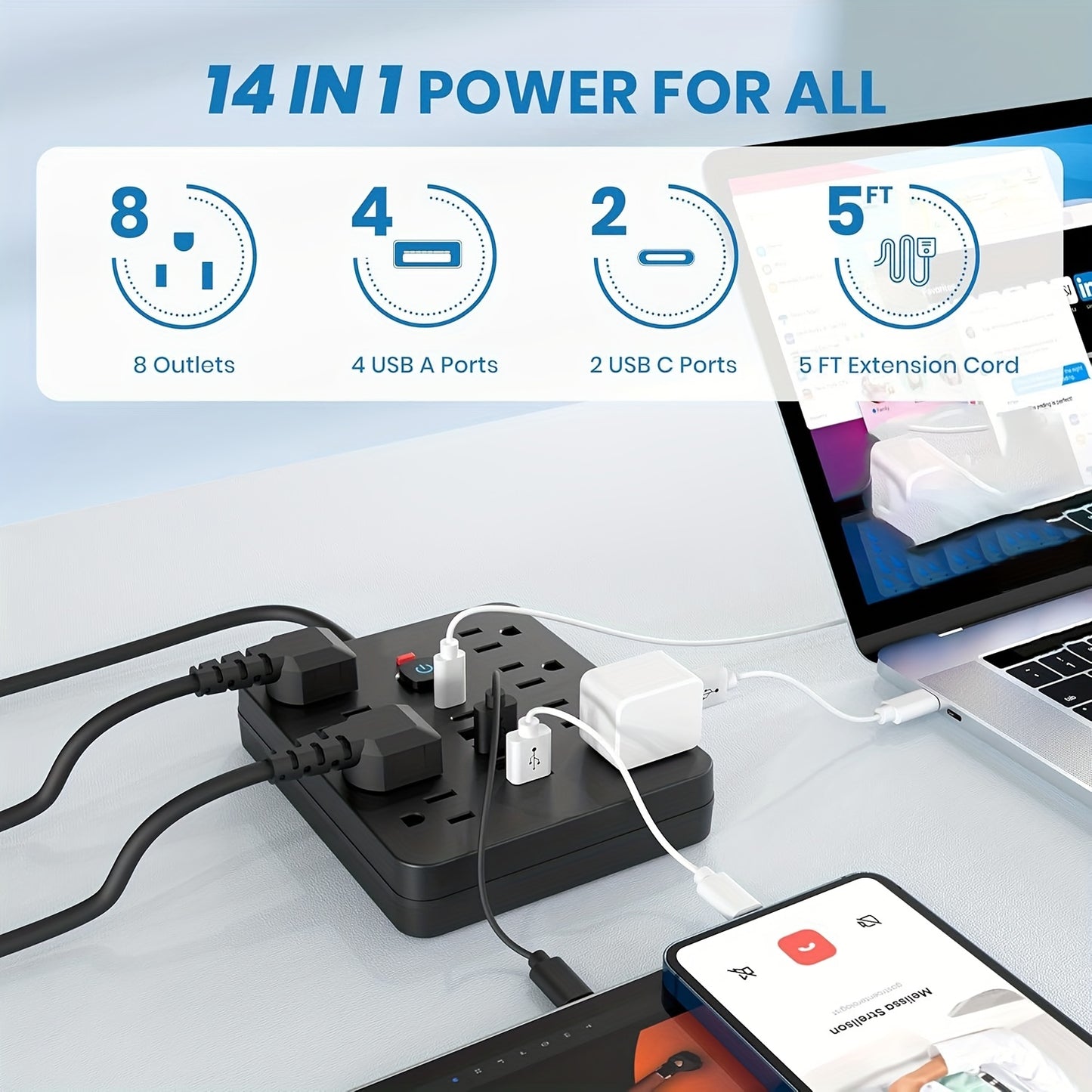 [14in 1 Power Strip] 14in 1 Power Strip Surge Protector with 8 Outlets, 4 USB and 2 USB C Ports | Flat Plug, Wall Mount, Overload Protection | Desk USB Charging Station for Home, Office