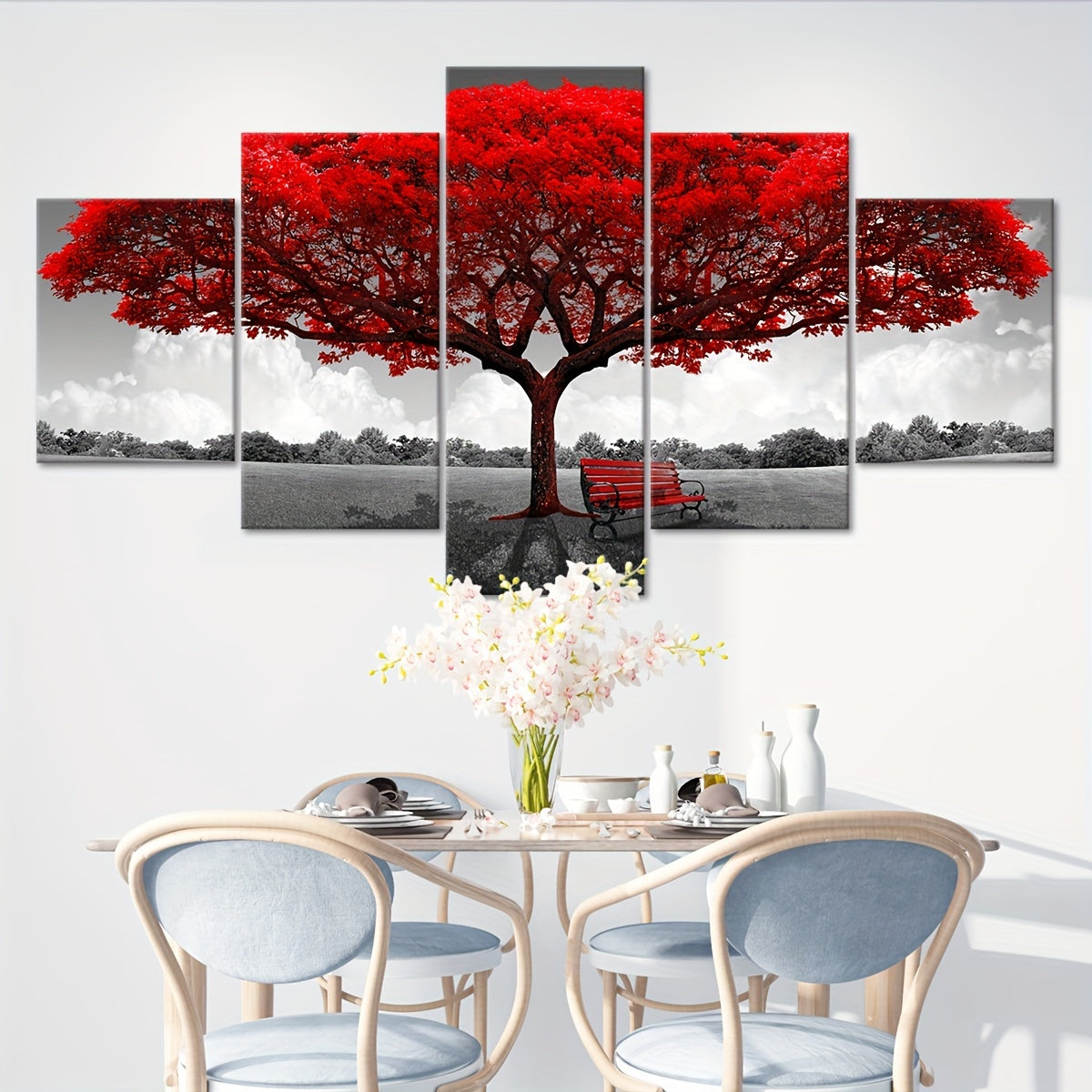 2D Flat, [2D FLAT] 5pcs Frame Red Happiness Tree Canvas Poster, Five Panel Scene Art, Modular Picture, Print Painting, Modern Art, Ideal Decor for Bedroom Living Room Kitchen Dorm, Wall Decoration, Gift for Family Friends, Mu