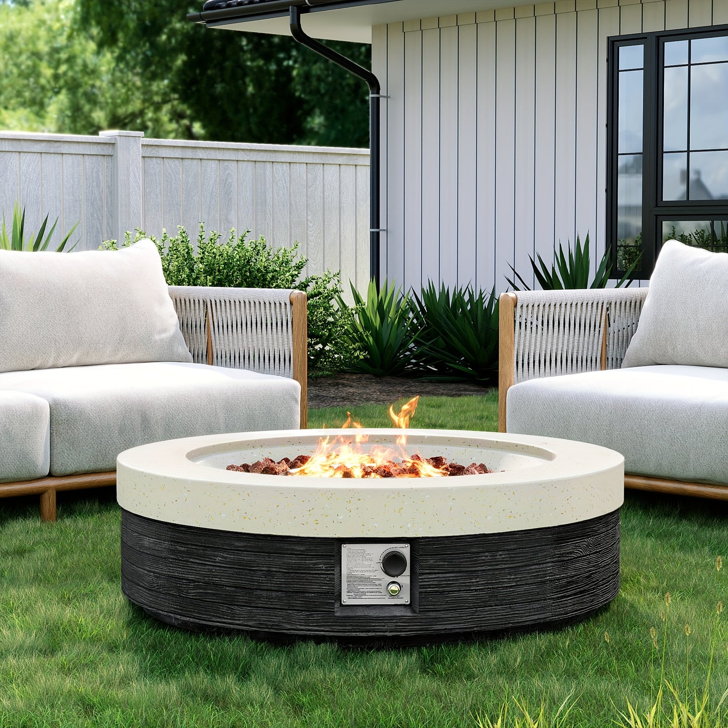 Outdoor Propane Fire Pit with Push Button Ignition - Heavy-Duty 50,000 BTU Patio heater, Modern Black & White dual-tone design, Waterproof, for Backyard, Garden, Poolside, Commercial Use - All-Season Outdoor heating, Backyard