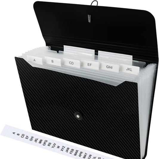 Expanding File Folder, 7-Pocket Accordian File Organizer with Tabs & Labels, Expandable Black Plastic File Folders for Letter Size/A4/Receipt/Bill Paper Documents, Waterproof PP Material, Ideal for Home/School/Office, File Or