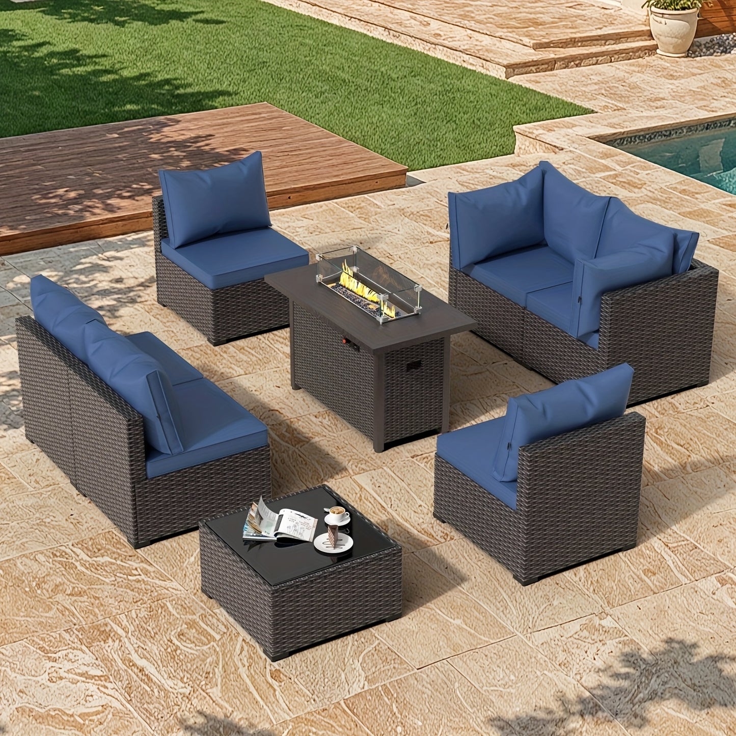42" Propane Fire Pit Table, 50, 000 BTU, Brown Rattan and Metal with Glass Windshield, Lid, and Blue Glass Stones - Ideal for Outdoor Patio Use