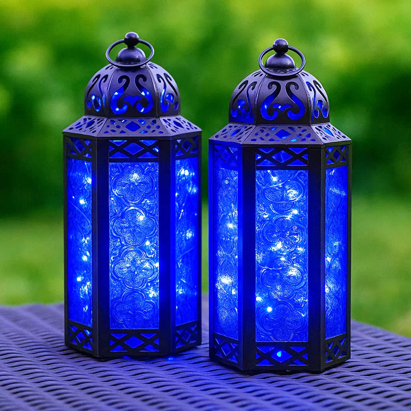 Stunning Ambient Lighting Safe and Stylish Glass Metal Moroccan Candle Lantern Holder Lamp with Battery-Operated LED Lights plus Remote Control – Handcrafted Lantern with Intricate Design and Embossed Glass, Indoor Home Dec