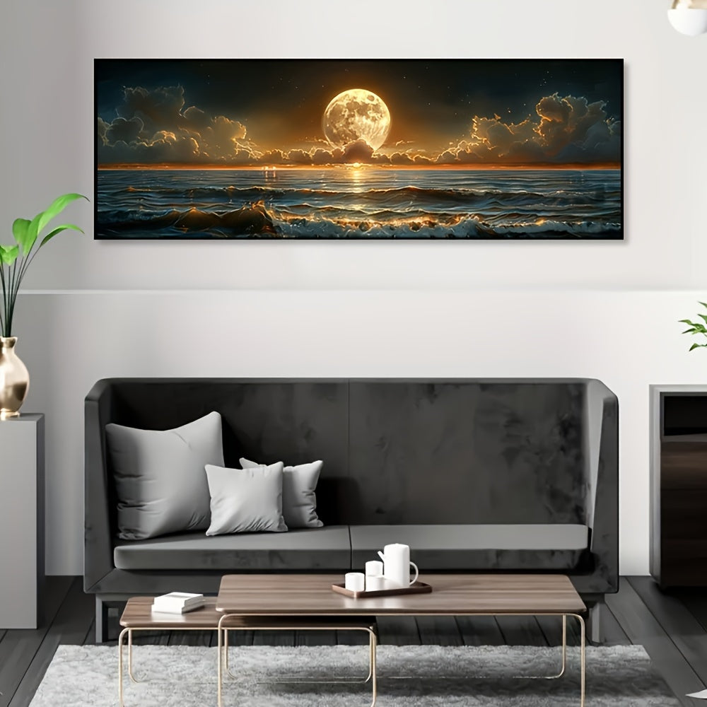 Classic Retro Farmhouse Style Moonlit Sea Landscape Canvas Poster Art Print, Frameless Transverse Wall Decor for Kitchen, Home Office, Bathroom, Living Room, Bedroom - Indoor & Outdoor Suitable-Father's Day Gift