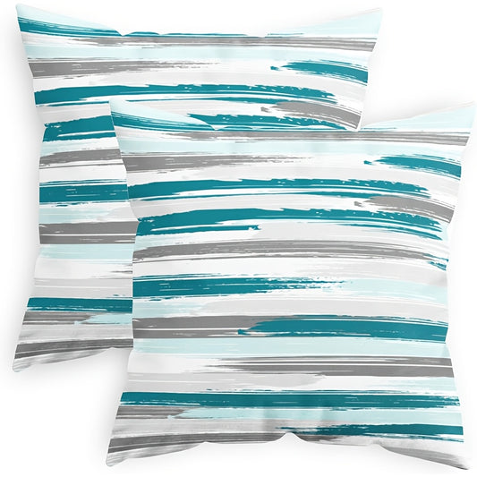 [Modern Throw Pillow Covers] 2pcs Polyester Throw Pillow Covers - 18x18 Inch, Contemporary Stone Geometric Texture, Teal Turquoise Aqua Grey Striped Print, Zipper Closure Decorative Cushion Covers for Couch, Bed, Sofa - Machi
