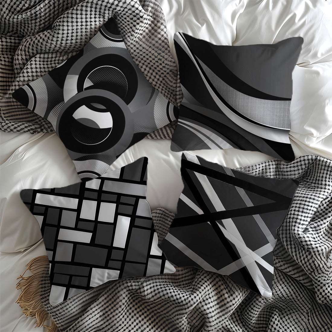 [Modern Geometric Pillow Covers] 4pcs Modern Geometric Abstract Throw Pillow Covers - 17.7x17.7 Inch Decorative Cushion Cases | Polyester Fabric, Zipper Closure, Machine Washable | Contemporary Style for Sofa, Couch & Home De