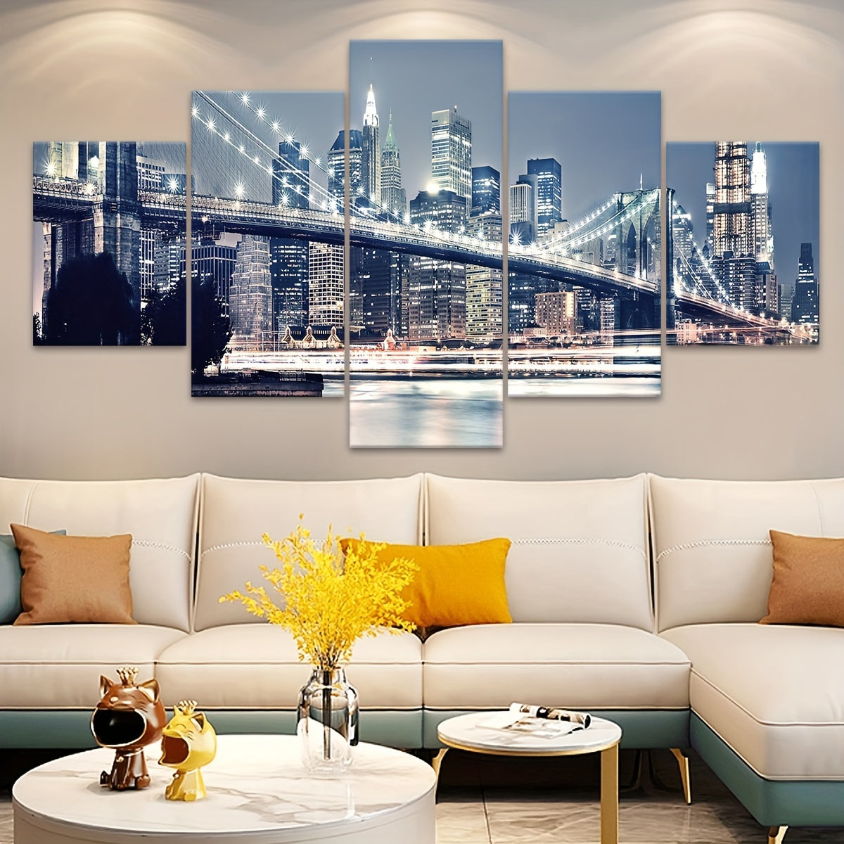 2D Flat, [2D FLAT] 5pcs Frame Urban Riverside Bridge Canvas Poster, Five Panel Scene Art, Modular Picture, Print Painting, Modern Art, Ideal Decor for Bedroom Living Room Kitchen Dorm, Wall Decoration, Gift for Family Friends