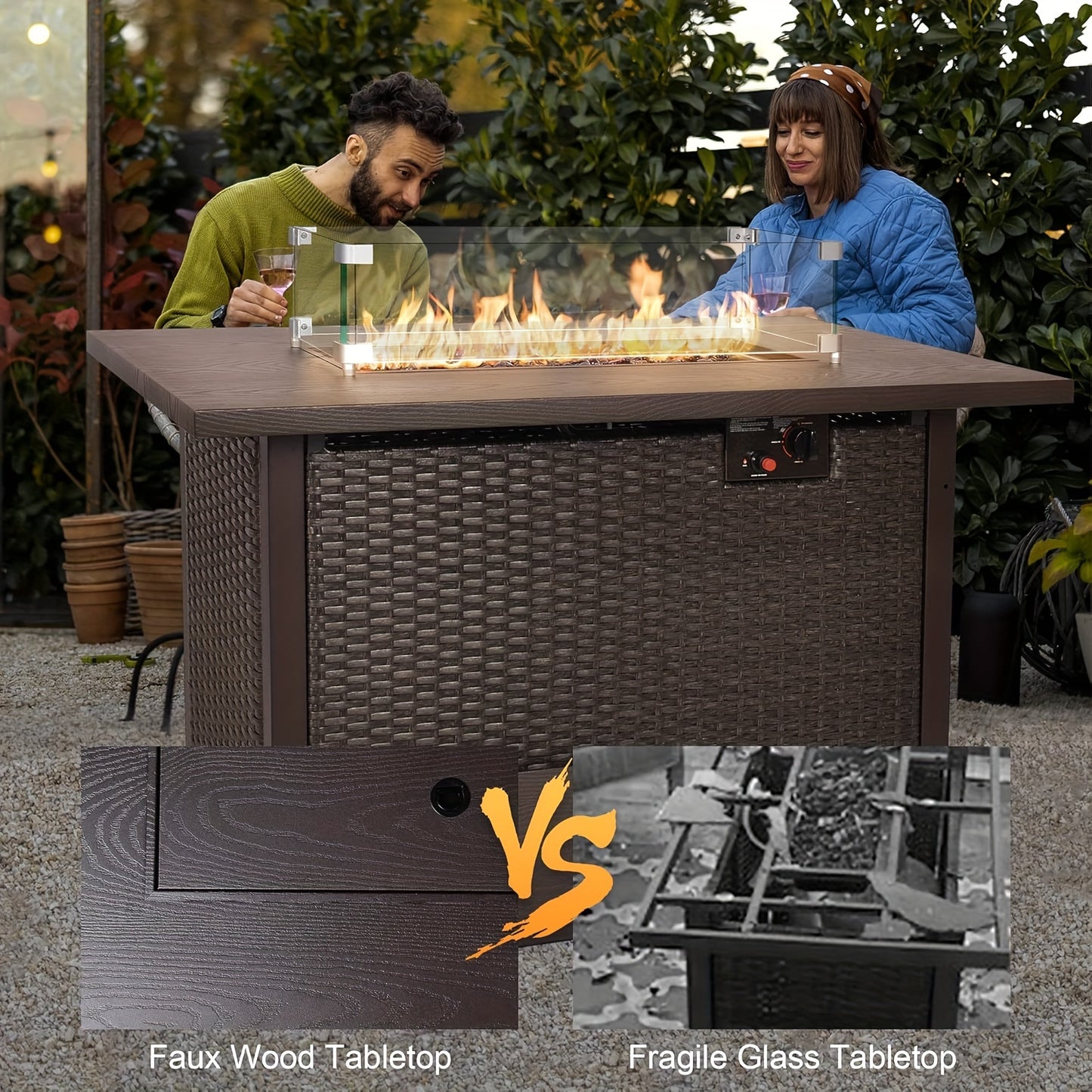 42" Propane Fire Pit Table, 50, 000 BTU, Brown Rattan and Metal with Glass Windshield, Lid, and Blue Glass Stones - Ideal for Outdoor Patio Use