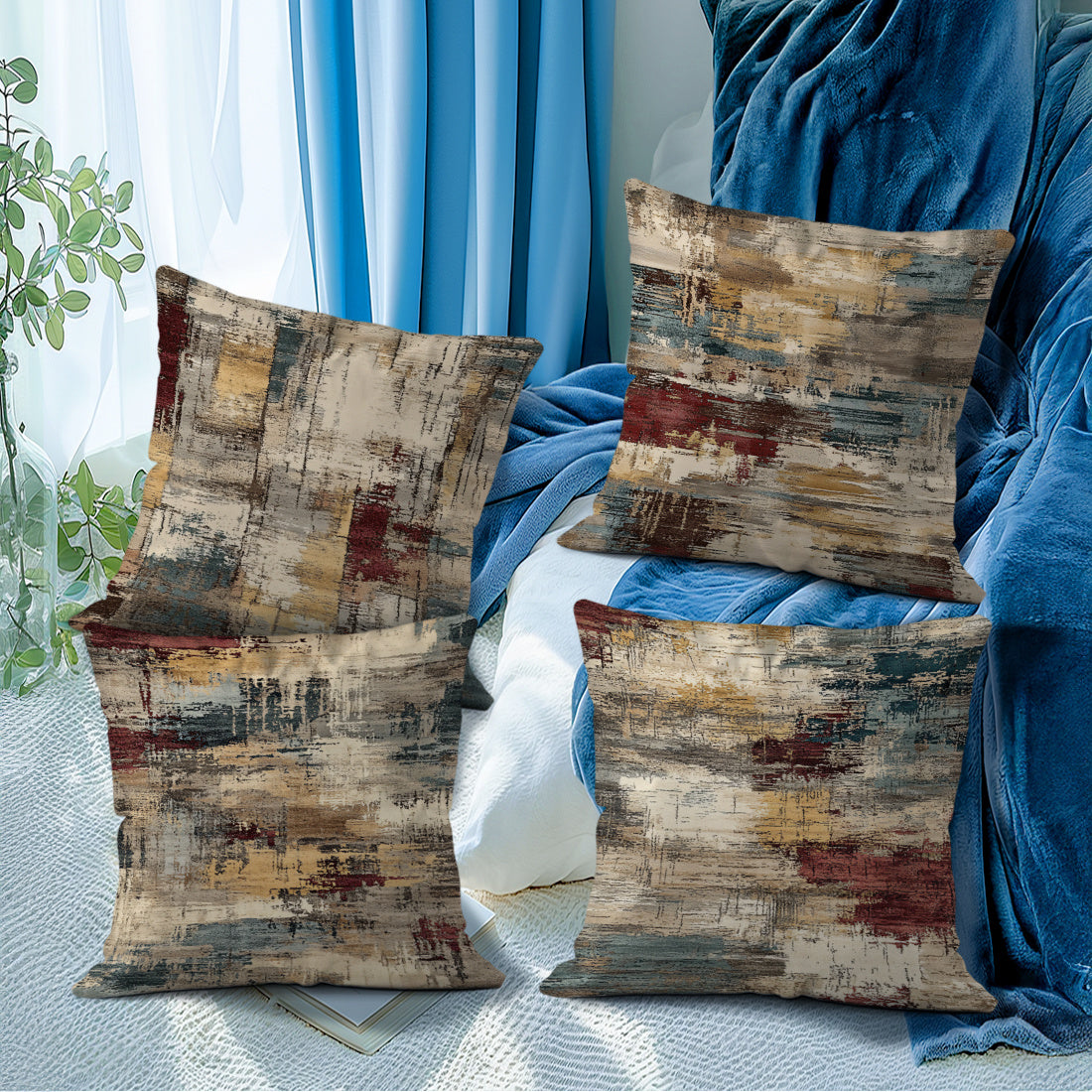 4pcs Abstract Paint Strokes Texture Pattern 18x18 Inches, Decorative Brown Throw Pillow Covers Set for Couch Sofa Bedroom Living Room Car