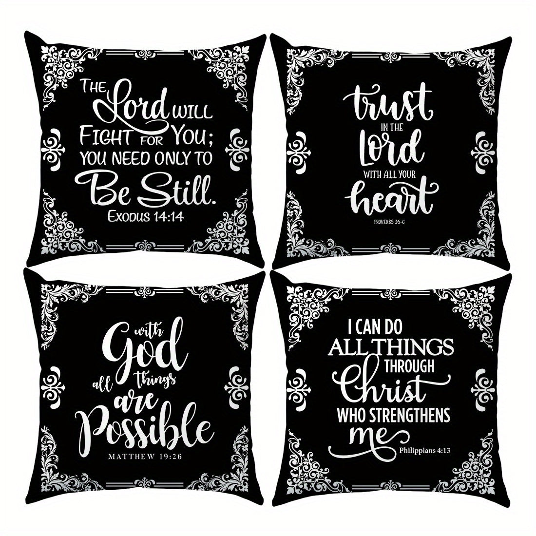 4pcs, Black White Bible Verse Retro Border Throw Pillow Covers, Simple Style Throw Pillow Case, 100% Polyester Peach Skin Material, Single Side Printing 45x45cm/17.71x17.71in, Decorative Cushion Cover For Home Bedroom Sofa Ch
