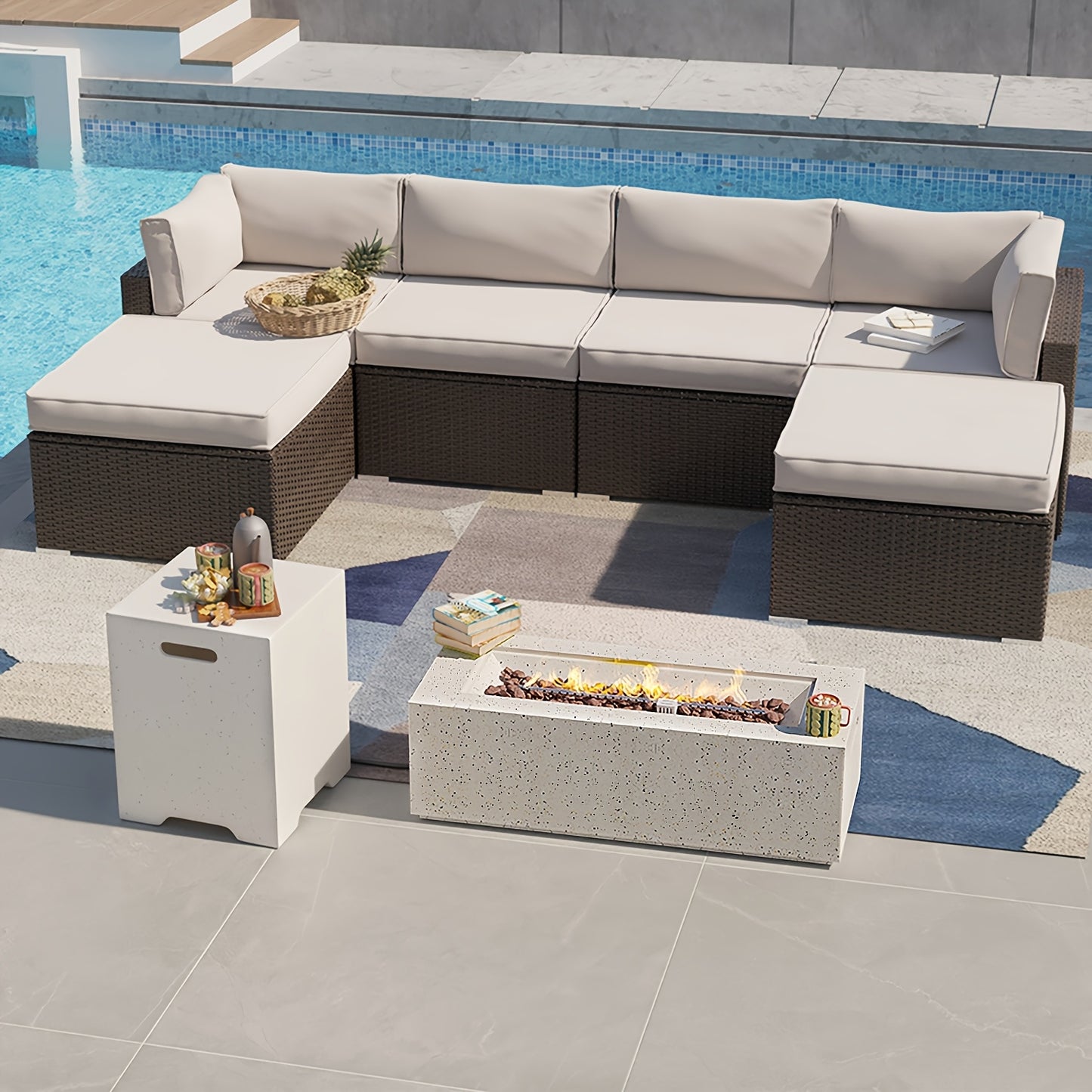 [42" Fire Pit Table] 42" Rectangular Fire Pit Table - 1pc 40,000 BTU Propane Fire Pit with Adjustable Flame, Speckled White Finish, Built-In Storage & Side Table, Matchable Glass Cover & Tank Cover - Outdoor Heating for Patio