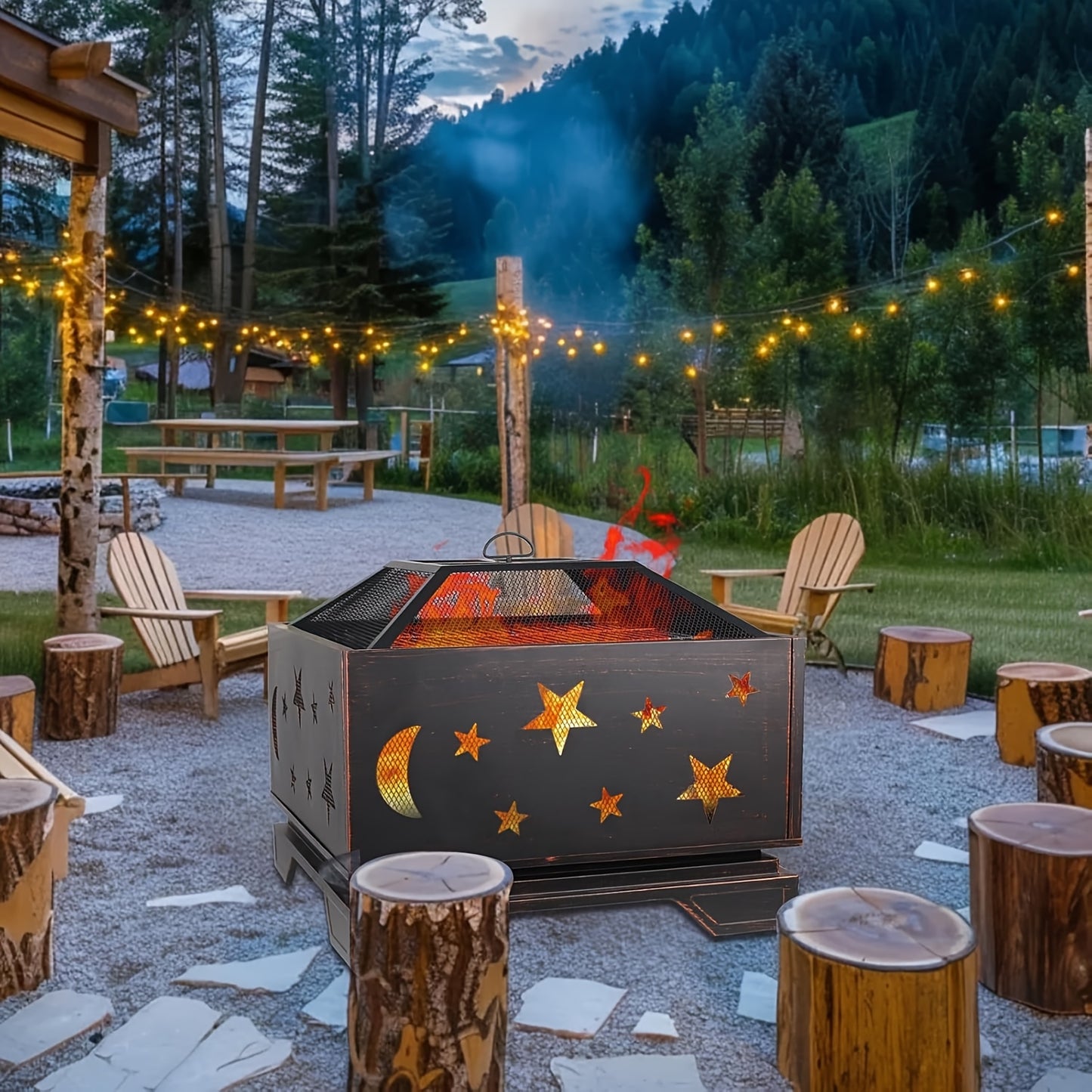 26in Fire Pit Set with Spark Screen, Mesh Cover And Poker, Heating Equipment Equipment, Use for Outside Bonfire Patio Picnic BBQ