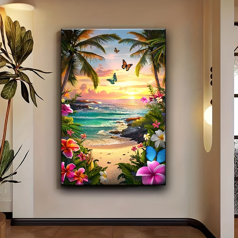 1pc Tropical Beach Canvas Painting - Sunset Palm Trees, Turquoise Ocean & Floral Shoreline - Wooden Framed Coastal Wall Art Decor for Living Room, Bedroom, Bathroom - Ready-to-Hang Paradise Decorations, Detailed Artwork