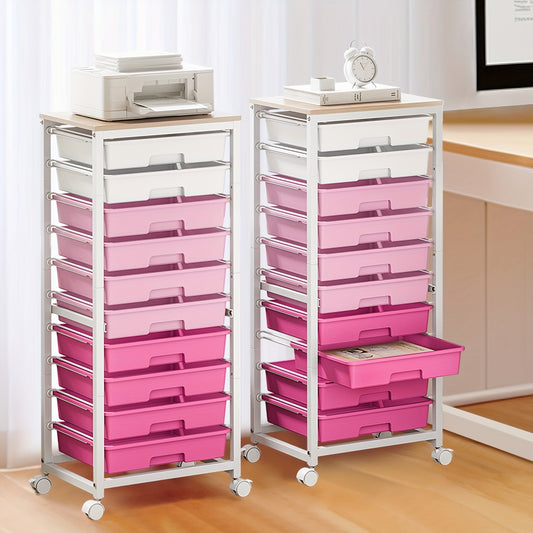 KINGRACK 10-Drawer Heavy-Duty Metal Rolling Storage Cart with Lockable Wheels & Tabletop - White & Pink Mobile Organizer with 10-Tier Drawers, Space-Saving Design for Home, Office, Classroom, Craft Room - Sturdy 4-Wheel Utili