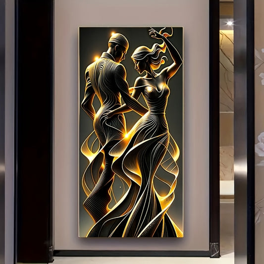 [1pc Abstract Wall Art] Modern Golden Abstract Lovers Wall Art Canvas, 1pc Frameless | 23.62x47.24 inches, No Power Needed, for Bedroom, Living Room, Corridor Decor, Black Love Theme Poster