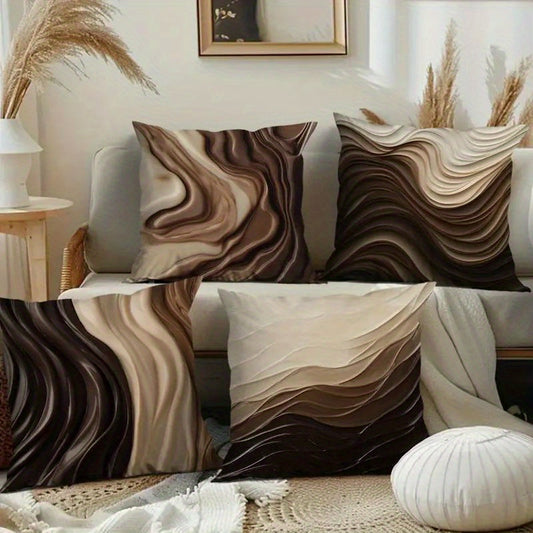 One set of 4 vintage wave throw pillow covers, durable polyester with zipper decorative pillowcases suitable for various rooms, machine washable - gradient brown to black for home and car decor