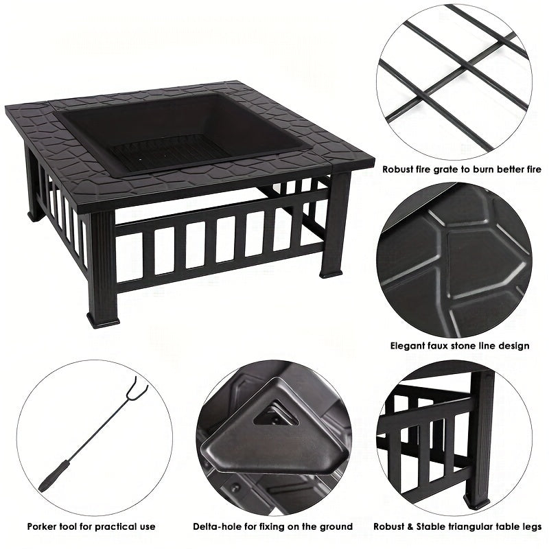 32-inch 3-in-1 Square Fire Pit Table with BBQ Grill - Heavy-Duty Rust-Proof Steel Outdoor Firepit, Includes Rain Cover & Fire Poker, Portable Camping & Backyard Essential for Patio, Garden, Thanksgiving & Christmas Gatherings