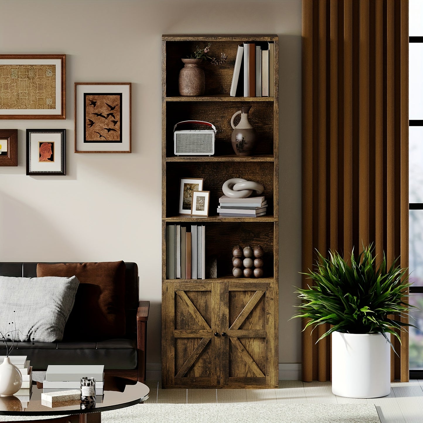 Modern Industrial 6-Tier Bookcase with Cabinet Doors - White & Black Wood Storage Shelf Unit, Space-Saving Floor Cabinet with Spacious Top Shelf, Easy Assembly, Sturdy -Tip Design for Living Room, Office, Bedroom - Multi-Purp