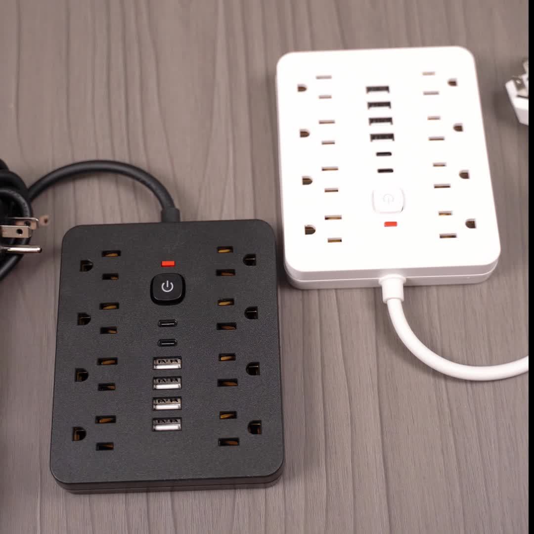 [Black Outlet Surge Protector] 14-in-1 Black Outlet with 8 Receptacles, 4 USB Ports, 2 USB-C Ports, 5/10ft Extension Cord, Flat Plug, Wall Mount, Overload Protection, Power Outlet Surge Protector - Ideal for Home and Office D
