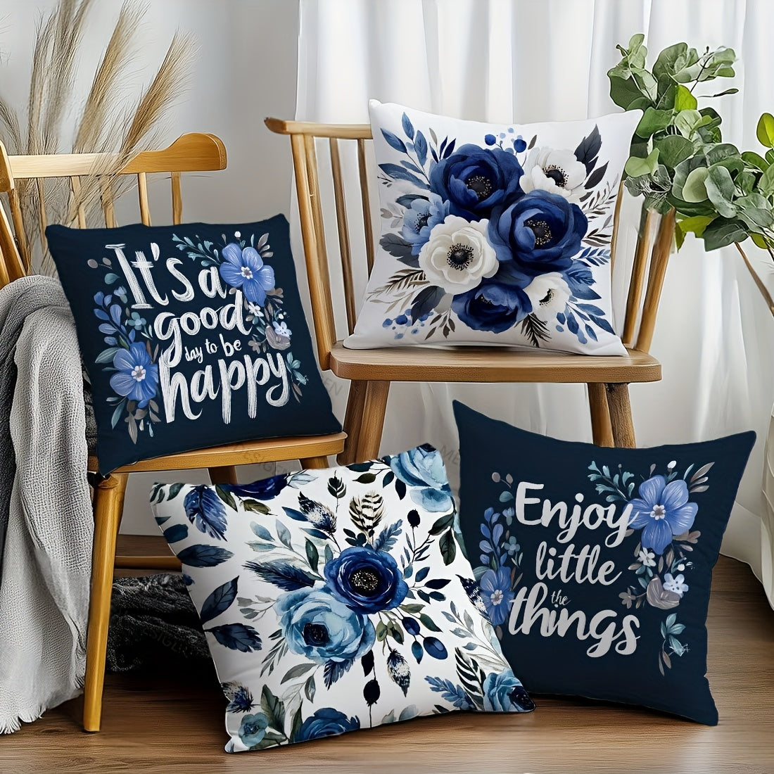 4pcs, Single Sided Printed Pillow Cover, Four Piece Set Of Deep Blue Floral Text Pillow Cover, 17 7*17. 7in, Home Decoration Pillow Cover Suitable For Living Room, Sofa, Bedroom, Without Pillow Core