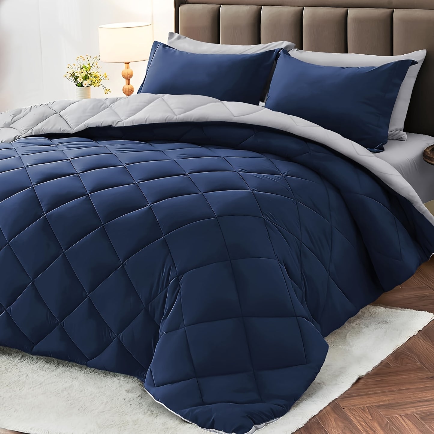 3pcs Solid Colour Checkered Comforter Set - Soft Microfiber, Lightweight, All-Season, Twin/Queen/King Size Bed In A Bag, Quilt Set with Breathable Fabric And Easy Care