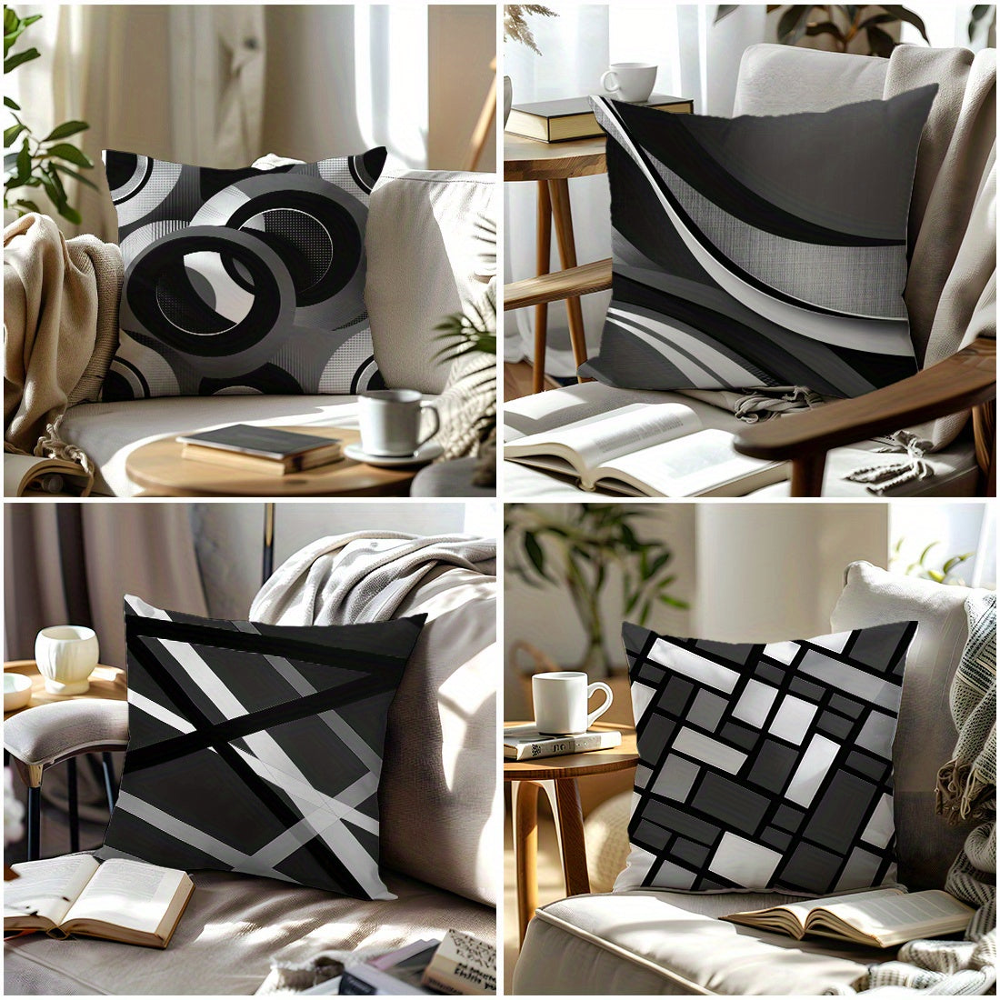 [Modern Geometric Pillow Covers] 4pcs Modern Geometric Abstract Throw Pillow Covers - 17.7x17.7 Inch Decorative Cushion Cases | Polyester Fabric, Zipper Closure, Machine Washable | Contemporary Style for Sofa, Couch & Home De