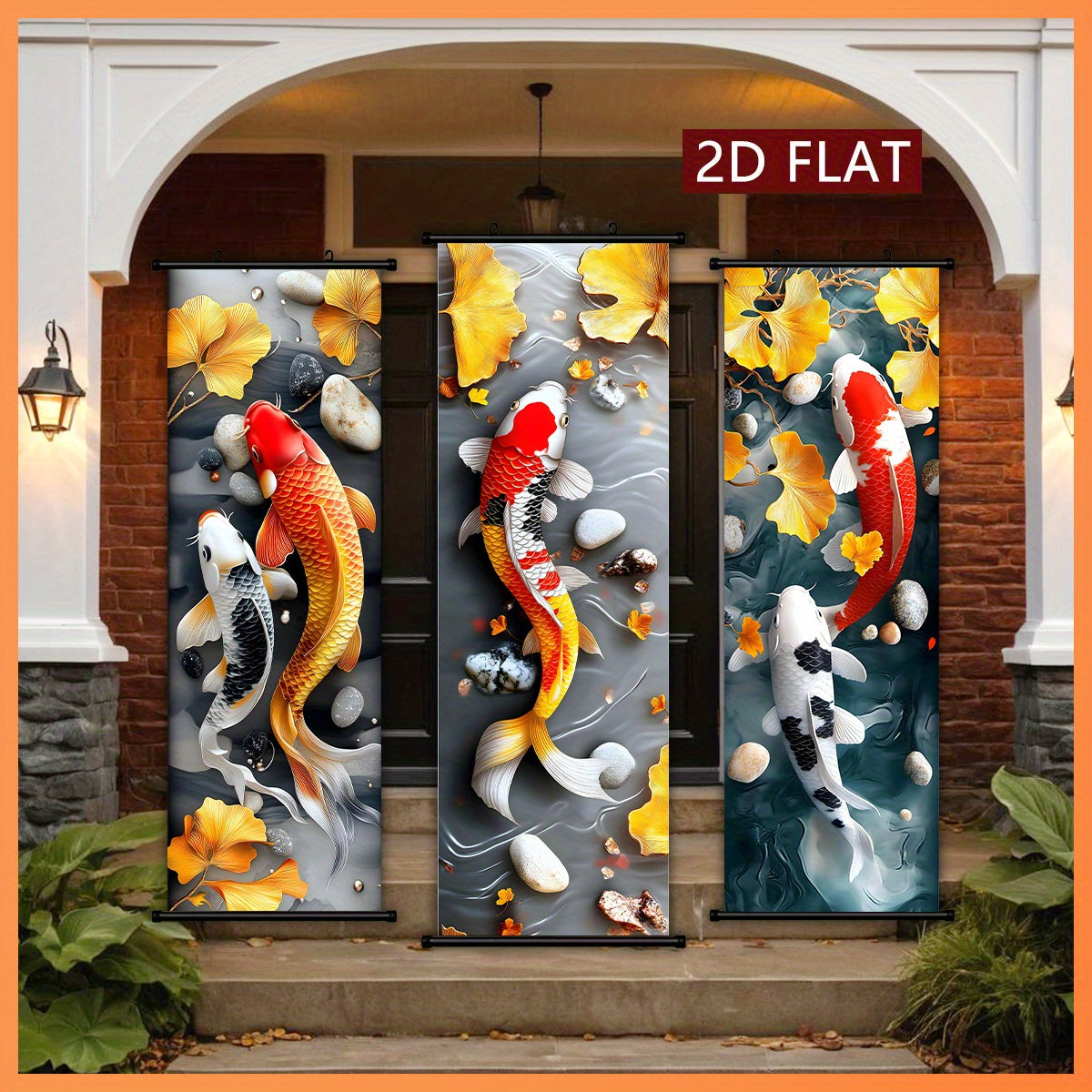 3pcs Chinese Fengshui Ink Koi Carp and Ginkgo Scroll Painting Set, 3D Embossed Craftsmanship, Suitable for Living Room and Study Wall Decoration, New Year Housewarming Gift, Auspicious Attract Wealth Artistic Gift