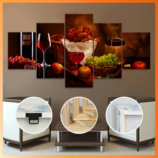 5pcs Exquisite Wooden Framed Wine Painting Canvas, Good Gift for Friend, Pattern Art for Home Decoration, Wall Decor for Living Room, Bedroom, Office, Bar, Restaurant, Waterproof, Odorless Painting, High Quality Waterproof Fr