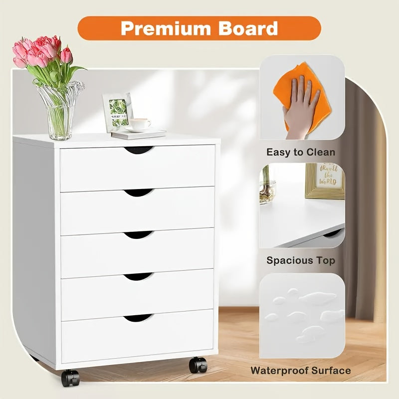 5 Drawer Chest Mobile Storage Cabinets Small Wooden Dresser With Wheels Room Organization Furniture For Office Home