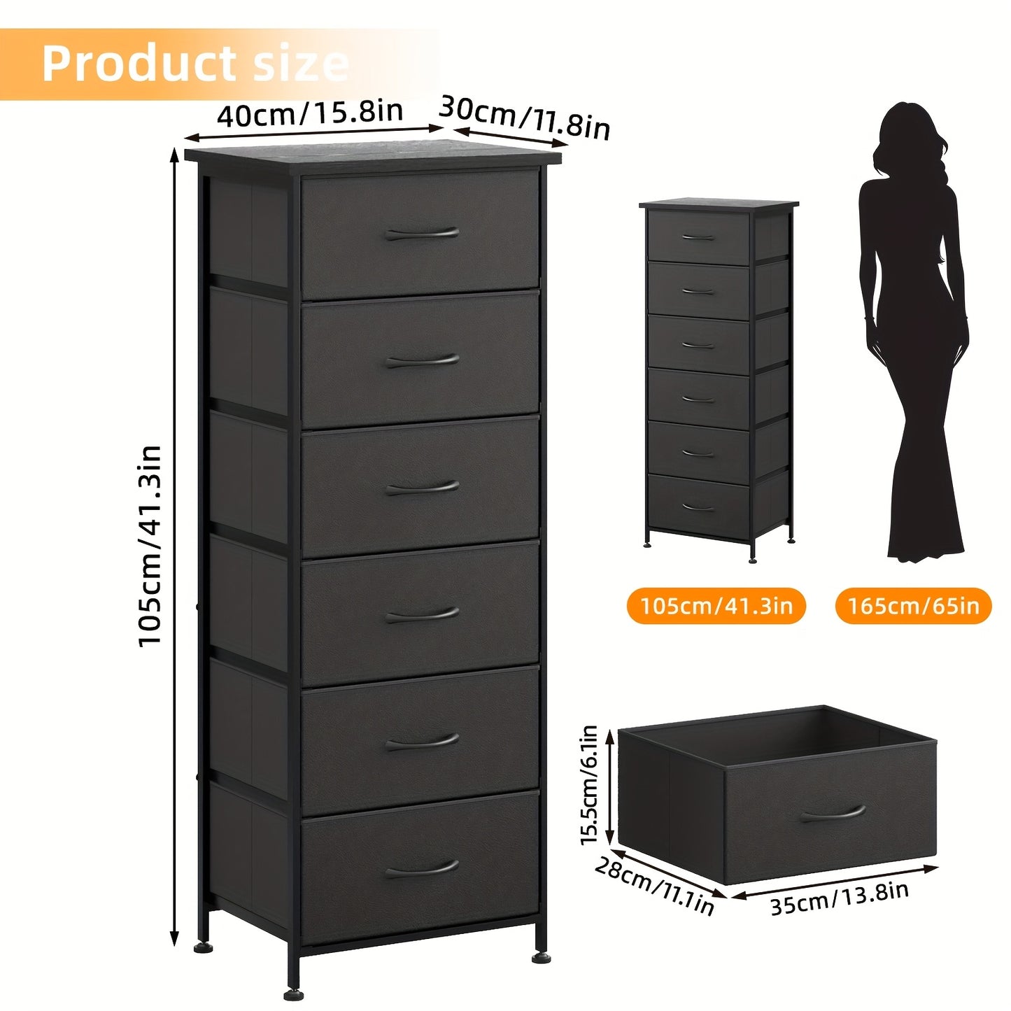 Fabric Dresser, 6-Drawer Tall Dresser for Bedroom, Storage Organizer with Fabric Bins, Wood Top, Sturdy Steel Frame, Chest Of Drawers for Closet, Hallway, Black, for Halloween And Christmas