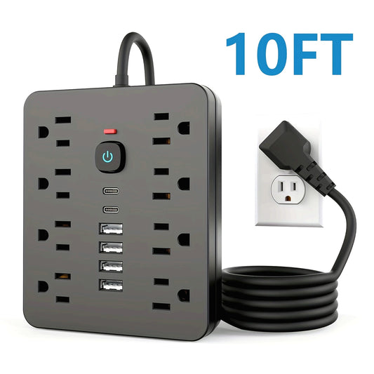 [Black Outlet Surge Protector] 14-in-1 Black Outlet with 8 Receptacles, 4 USB Ports, 2 USB-C Ports, 5/10ft Extension Cord, Flat Plug, Wall Mount, Overload Protection, Power Outlet Surge Protector - Ideal for Home and Office D