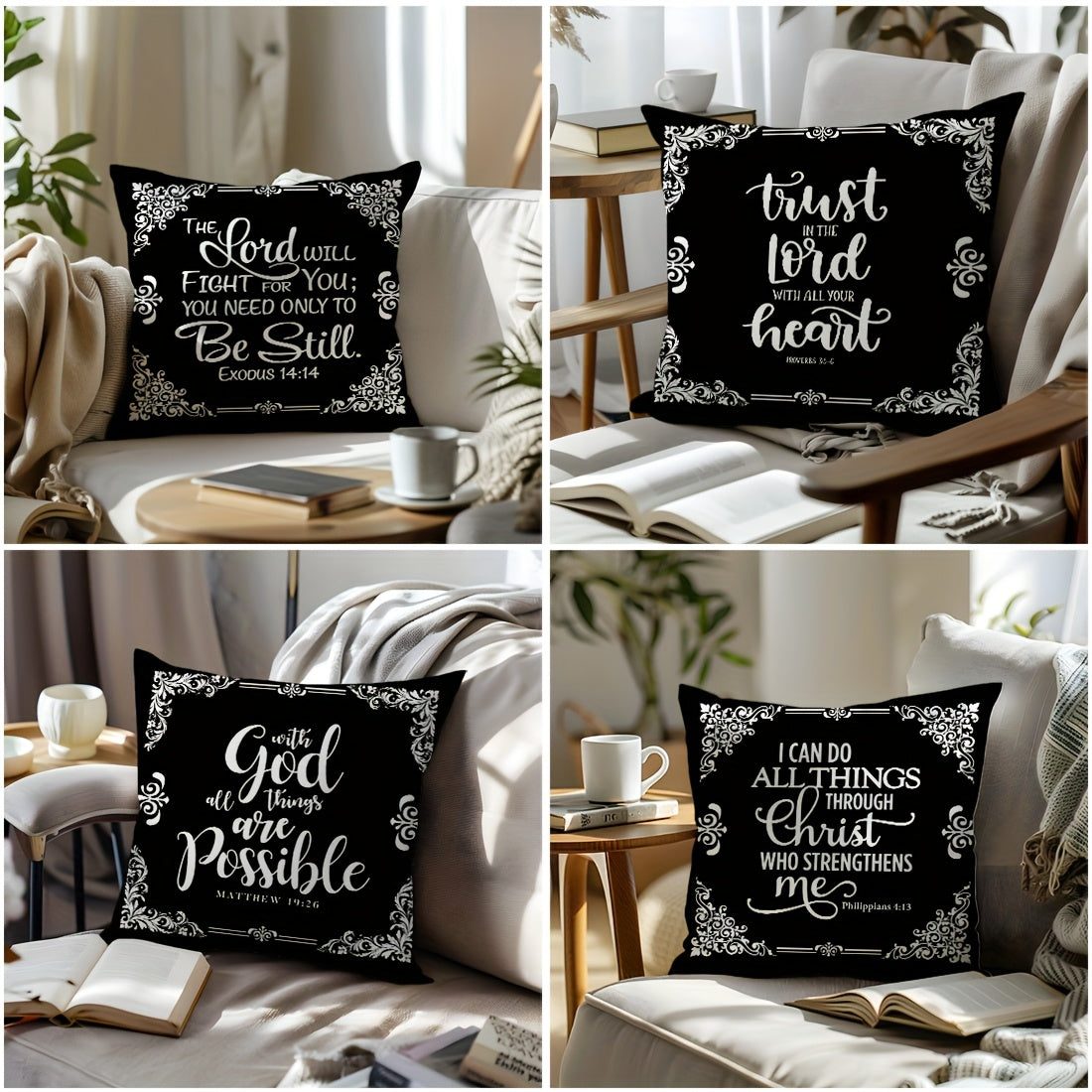 4pcs, Black White Bible Verse Retro Border Throw Pillow Covers, Simple Style Throw Pillow Case, 100% Polyester Peach Skin Material, Single Side Printing 45x45cm/17.71x17.71in, Decorative Cushion Cover For Home Bedroom Sofa Ch