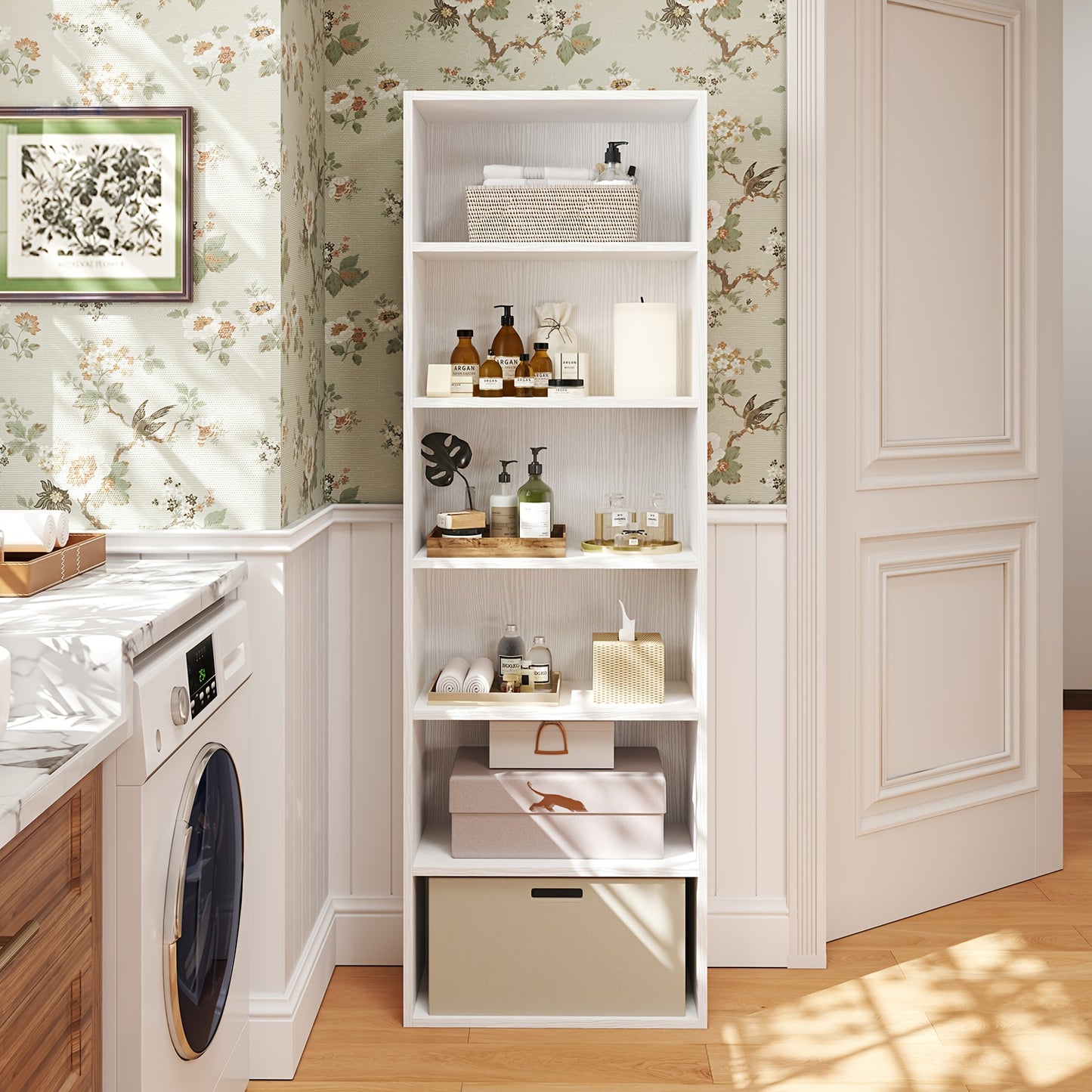 Modern Industrial 6-Tier Bookcase with Cabinet Doors - White & Black Wood Storage Shelf Unit, Space-Saving Floor Cabinet with Spacious Top Shelf, Easy Assembly, Sturdy -Tip Design for Living Room, Office, Bedroom - Multi-Purp
