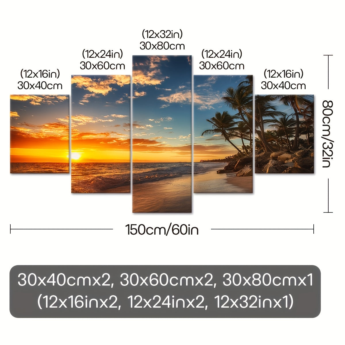 2D Flat, [2D FLAT] 5pcs Frame Sunset Sea View Beach Coconut Trees Canvas Poster, Five Panel Scene Art, Modular Picture, Modern Art, Ideal Decor for Bedroom Living Room Kitchen Dorm, Wall Decoration, Gift for Family Friends, M
