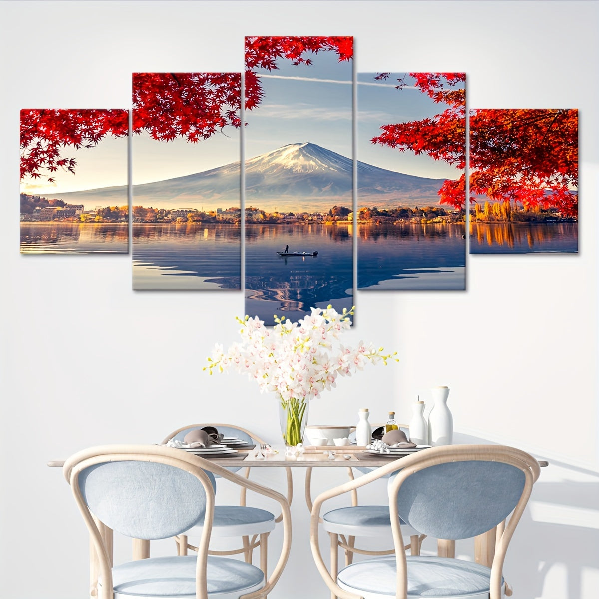 5pcs Frame Snowy Mountains And Lakes Maple Leaf Tree Canvas Poster, Natural Landscape Five Panel Scene Art, Modular Picture, Print Painting, Modern Art, Ideal Decor for Bedroom Living Room Kitchen Dorm, Wall Decoration, Gift