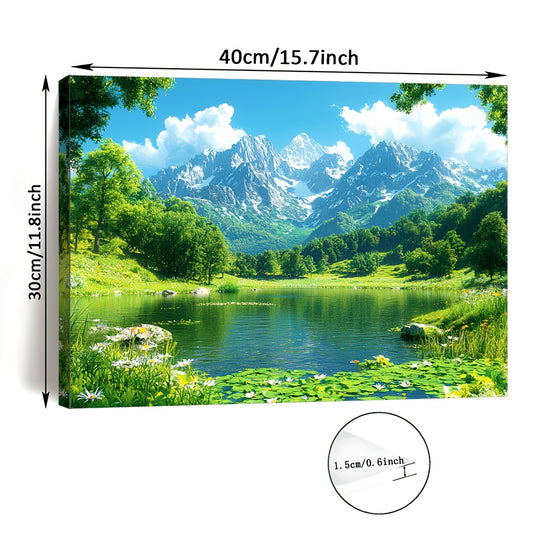 Room Decor 1pc Scenic Mountain Lake Canvas Wall Art, Wooden Framed Nature Landscape Print, 11.8x15.7 inches, Bachelor Party Decor, Woven Wall Hanging for Living Room, Bedroom, Office, Unique Christmas Gift Idea