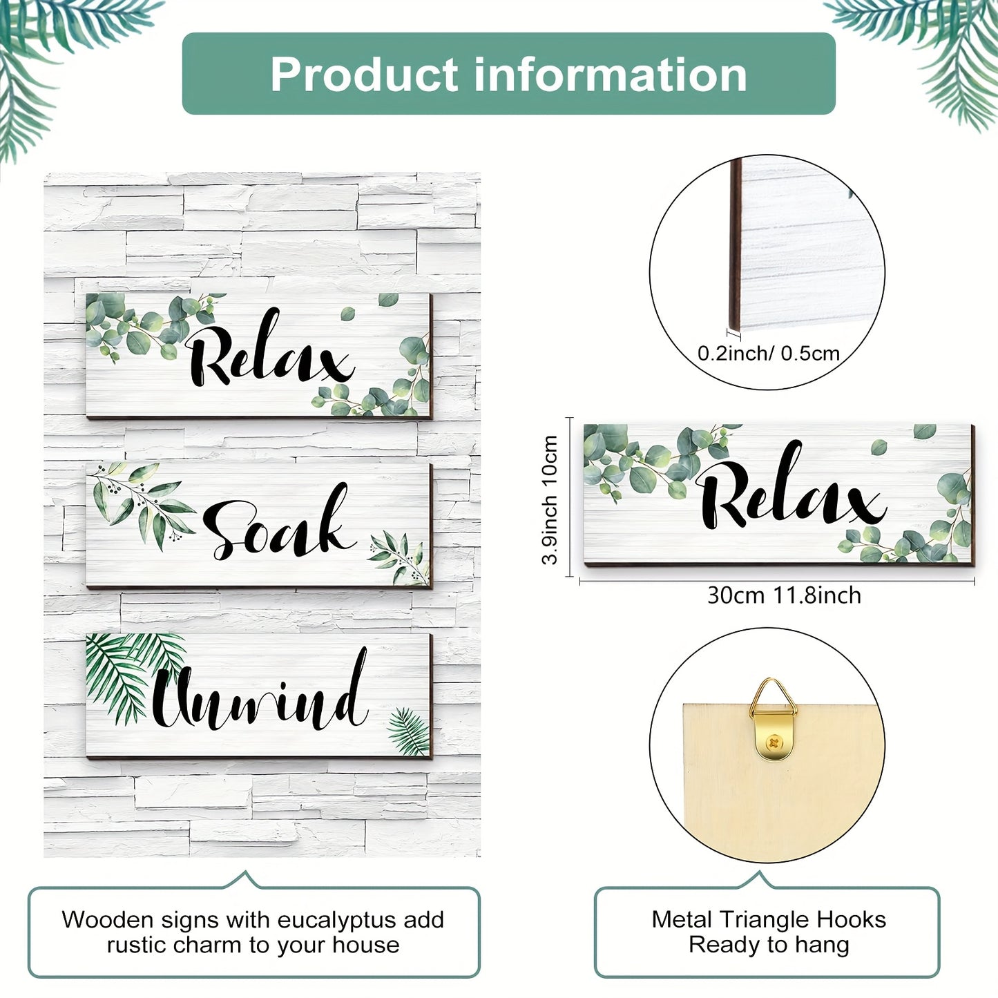 3pcs Wooden Sage Green Bathroom Wall Decor, Relaxing Soaking Relaxation Farmhouse Bathroom Wall Sign, Botanical Green Wooden Wall Art Decor for Bathroom Bedroom Living Room Decor