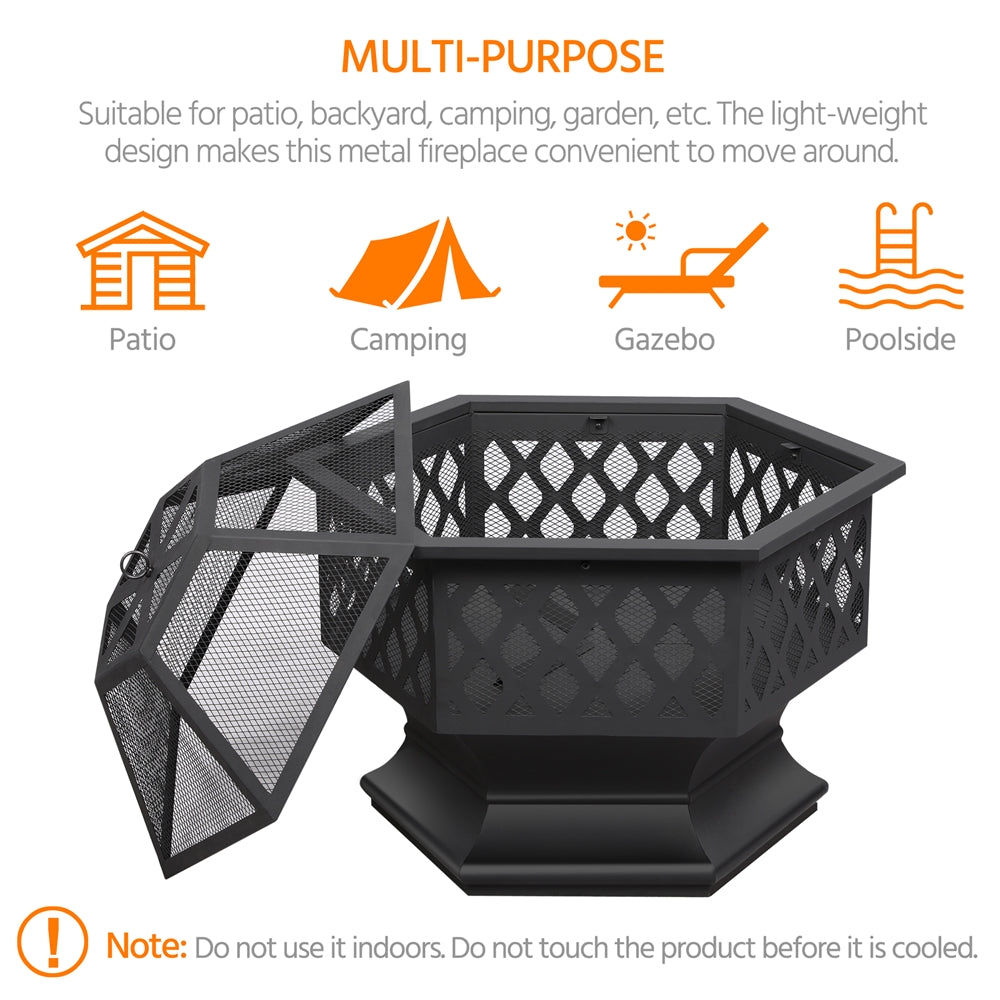 Costoffs Halloween 24in Hex Shaped Fire Pit Bowl with Spark Screen & Poker