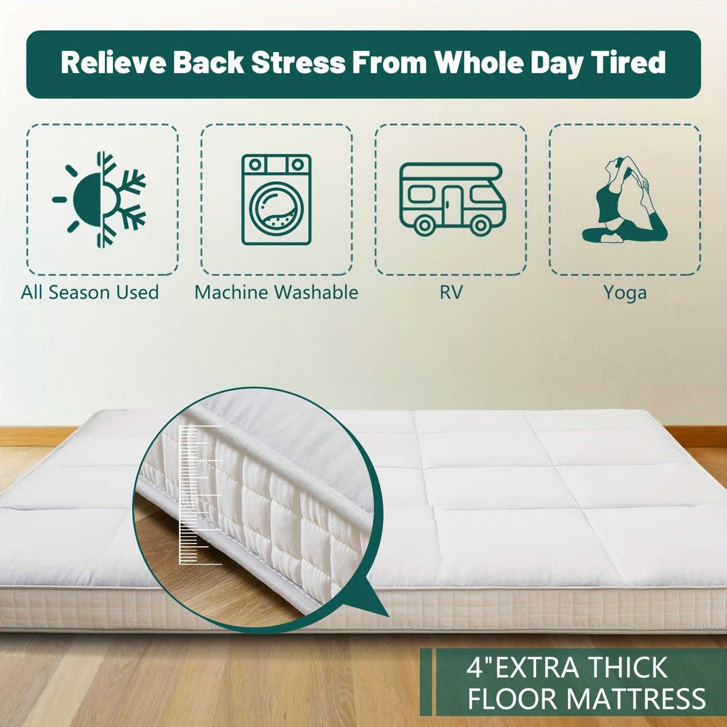 LILYPELLE 4" Extra Thick Japanese-Style Floor Mattress - Memory Foam Foldable Roll-Up Design, Portable with Carrying Bag, Machine Washable for Camping, Travel, Guest Bed & Home Use, Home Sleeping Mat | Portable Mattress | Mem