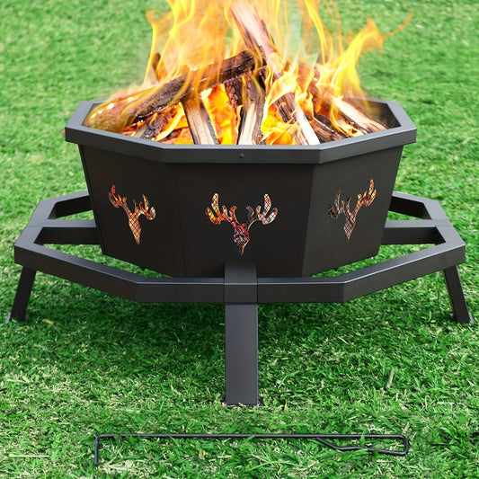 [Octagonal Wood Burning Fire Pit] 35 Inch Octagonal Wood Burning Fire Pit - Outdoor Bonfire Firepit for Camping, Backyard, Patio