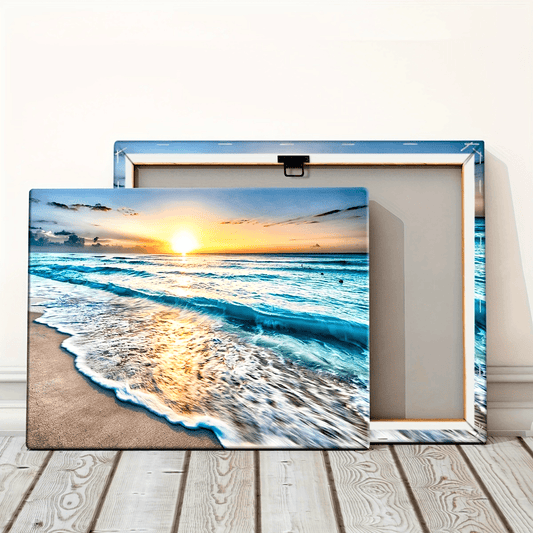 1pc Sunset by the Sea Canvas Art Print with Wooden Frame - Vibrant Ocean Sunset Wall Decor for Living Room, Bedroom, Kitchen, or Bar - Waterproof, High-Quality Ink on Canvas, Perfect for Modern Home Decoration, Beach Theme De
