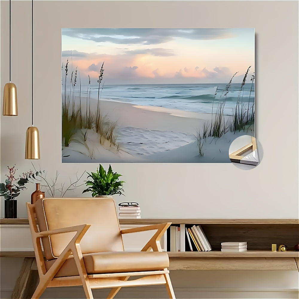 1pc Wooden Framed Canvas Beach Seascape Wall Art - Serene Ocean View with Dunes & Coastal Grass, Waterproof Canvas Print, Wrap-Around Frame for Home & Office Decor, Wedding, Anniversary, Graduation Class of 25 Decorations, We