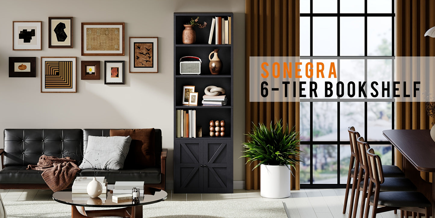 Modern Industrial 6-Tier Bookcase with Cabinet Doors - White & Black Wood Storage Shelf Unit, Space-Saving Floor Cabinet with Spacious Top Shelf, Easy Assembly, Sturdy -Tip Design for Living Room, Office, Bedroom - Multi-Purp